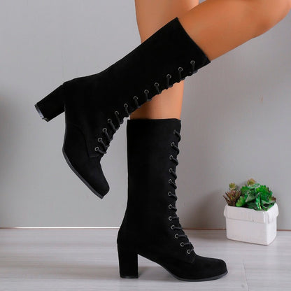 Womens Winter Boots Coarse Heel Round Head Antislip Wearresistant High Boots With Front Cross Lacin 4