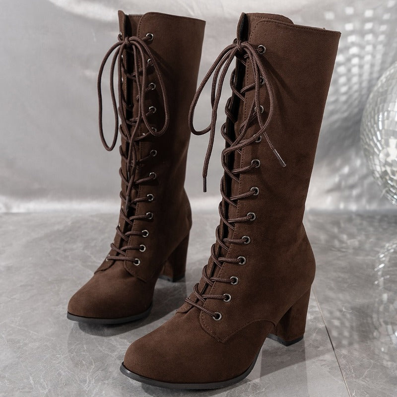 Womens Winter Boots Coarse Heel Round Head Antislip Wearresistant High Boots With Front Cross Lacin 5