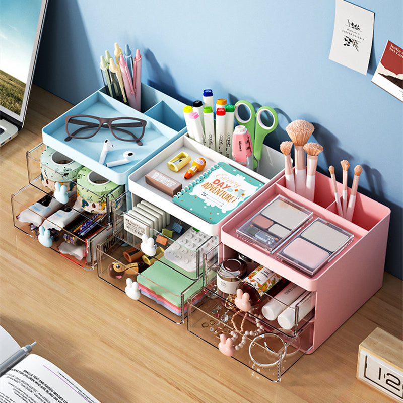 Cartoon Creative Pen Holder, Transparent Drawer Rabbit Storage Box, Children's Girls Student Office Desktop Organizer