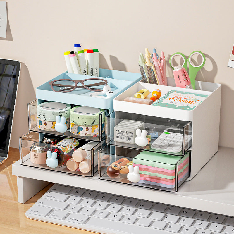 Cartoon Creative Pen Holder, Transparent Drawer Rabbit Storage Box, Children's Girls Student Office Desktop Organizer