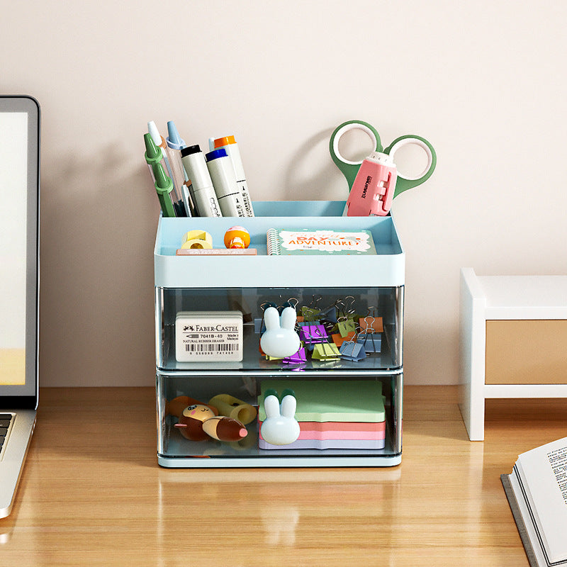 Cartoon Creative Pen Holder, Transparent Drawer Rabbit Storage Box, Children's Girls Student Office Desktop Organizer