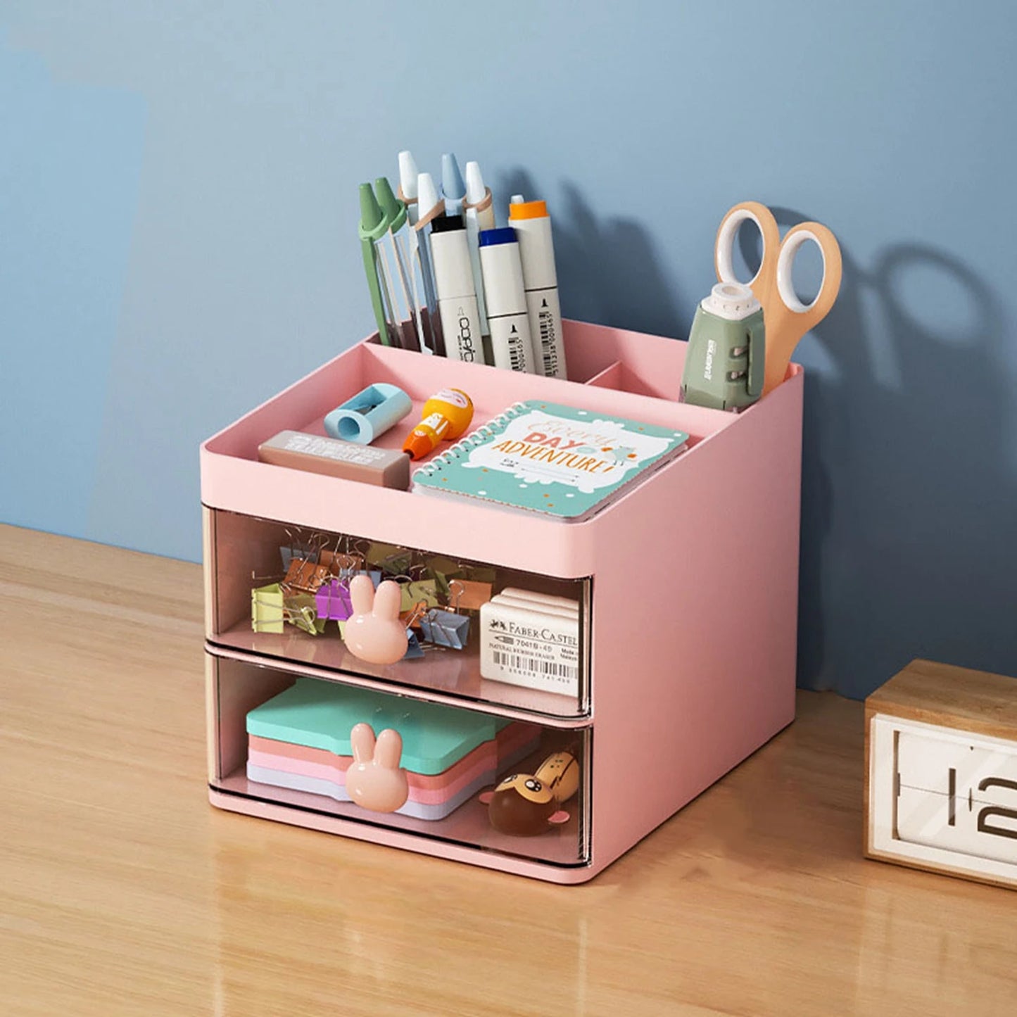 Cartoon Creative Pen Holder, Transparent Drawer Rabbit Storage Box, Children's Girls Student Office Desktop Organizer