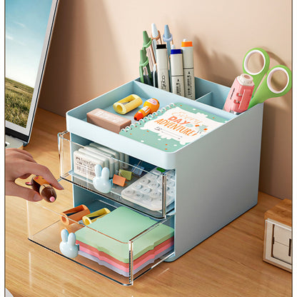 Cartoon Creative Pen Holder, Transparent Drawer Rabbit Storage Box, Children's Girls Student Office Desktop Organizer