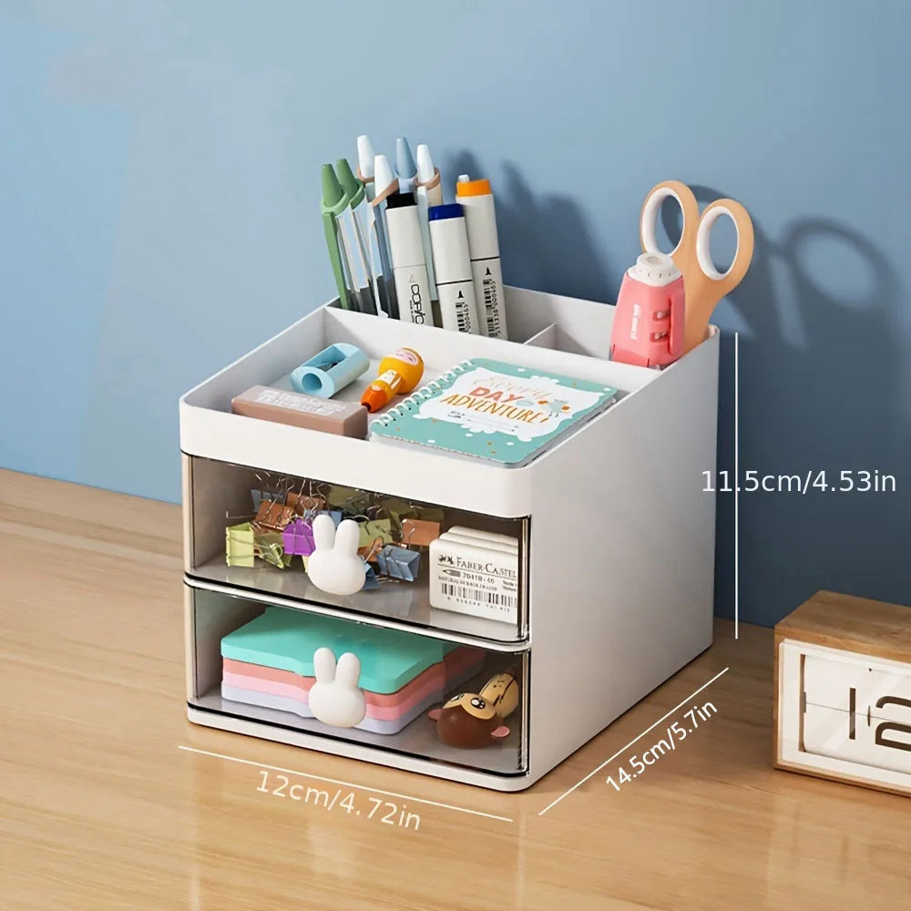 Cartoon Creative Pen Holder, Transparent Drawer Rabbit Storage Box, Children's Girls Student Office Desktop Organizer