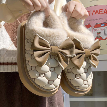 Warm Platform Ankle Boots Bowknot Winter Snow Booties For Women Indoor Fluffy Slippers House Flats  1