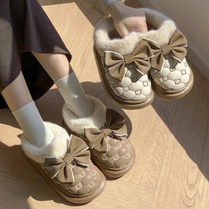 Warm Platform Ankle Boots Bowknot Winter Snow Booties For Women Indoor Fluffy Slippers House Flats  2