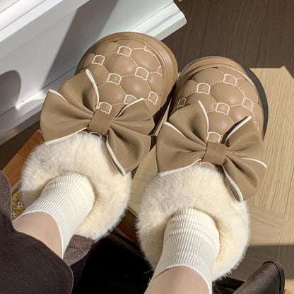 Warm Platform Ankle Boots Bowknot Winter Snow Booties For Women Indoor Fluffy Slippers House Flats  3