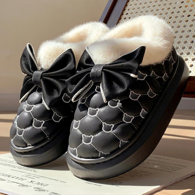Warm Platform Ankle Boots Bowknot Winter Snow Booties For Women Indoor Fluffy Slippers House Flats  4