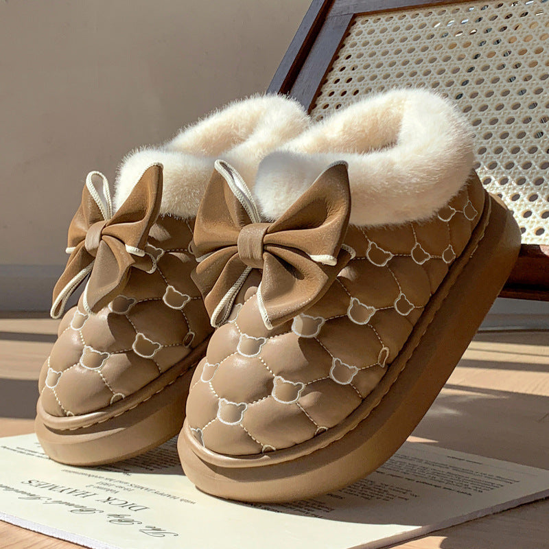 Warm Platform Ankle Boots Bowknot Winter Snow Booties For Women Indoor Fluffy Slippers House Flats  5
