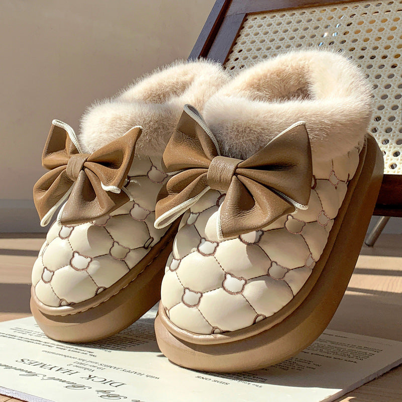 Warm Platform Ankle Boots Bowknot Winter Snow Booties For Women Indoor Fluffy Slippers House Flats  6