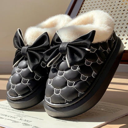 Warm Platform Ankle Boots Bowknot Winter Snow Booties For Women Indoor Fluffy Slippers House Flats  7