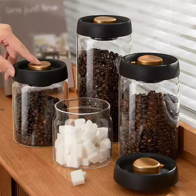 Coffee Bean Sealed Jar, Glass Kitchen Storage, Moisture-Proof, Vacuum Pressed Tea Rice Peanut Storage