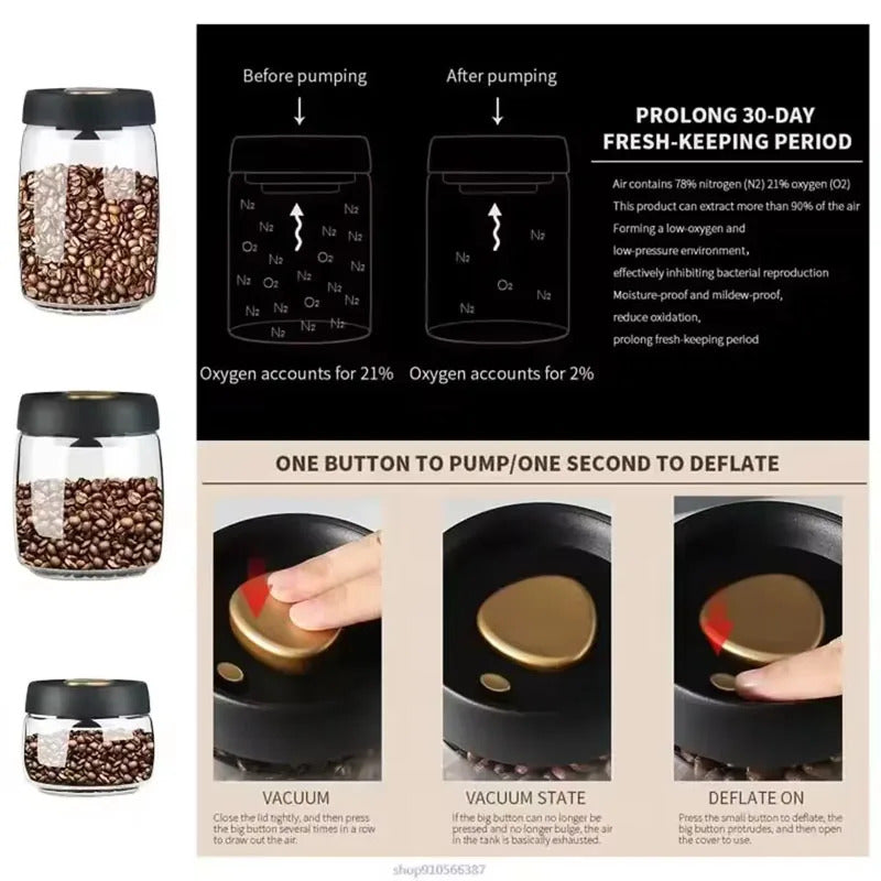 Coffee Bean Sealed Jar, Glass Kitchen Storage, Moisture-Proof, Vacuum Pressed Tea Rice Peanut Storage