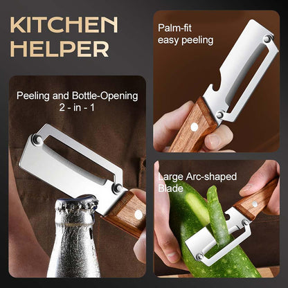 Ergonomic Wooden Vegetable Peeler for Kitchen, Multi-Functional Fruit & Veggie Peeler, Julienne Cutter for Carrot