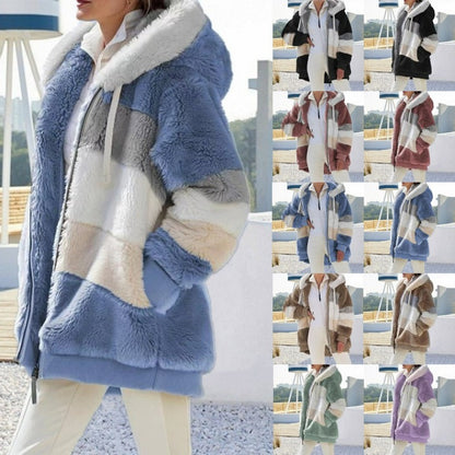 Oversized Jacket for Women, Hooded, Plush Pocket, Autumn Winter Outerwear, Street Wear Loose Lady Coat