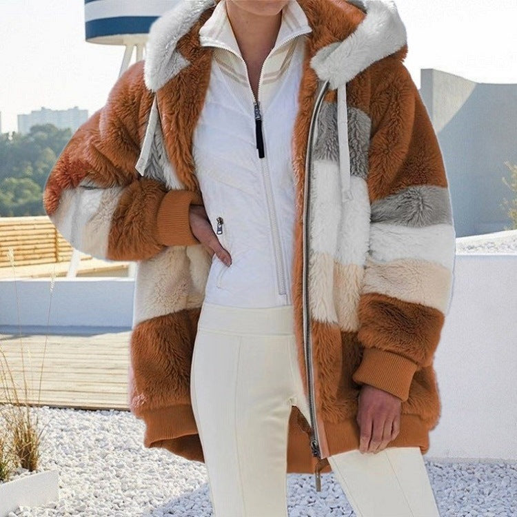 Oversized Jacket For Women Hooded Plush Pocket Autumn Winter Outerwear Street Wear Loose Lady Coat 5
