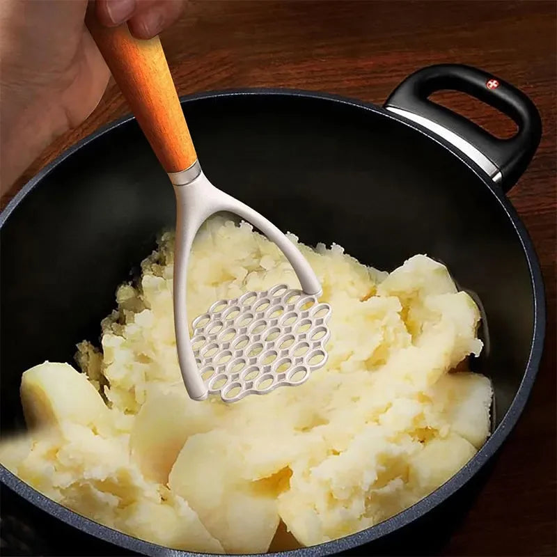 Manual Potato Masher Tool, Aluminum Meat Press with Wood Handle, Garlic Crusher Gadget
