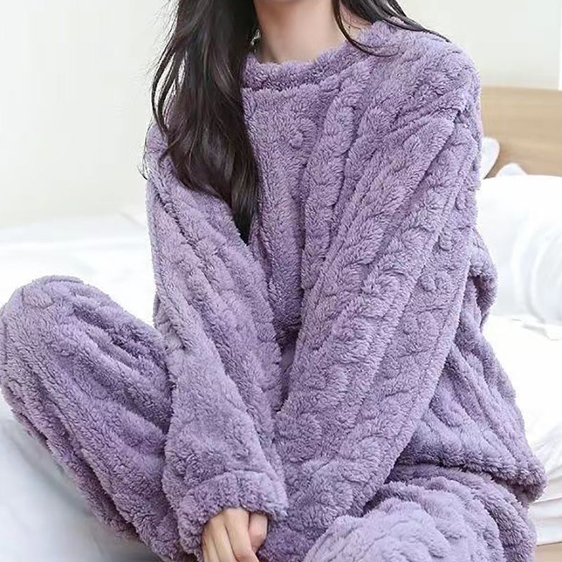 Autumn Women Solid Warm Sets Thicken Velvet Ribbed Fleece Pullover And Pants Casual Pajama Sets 1