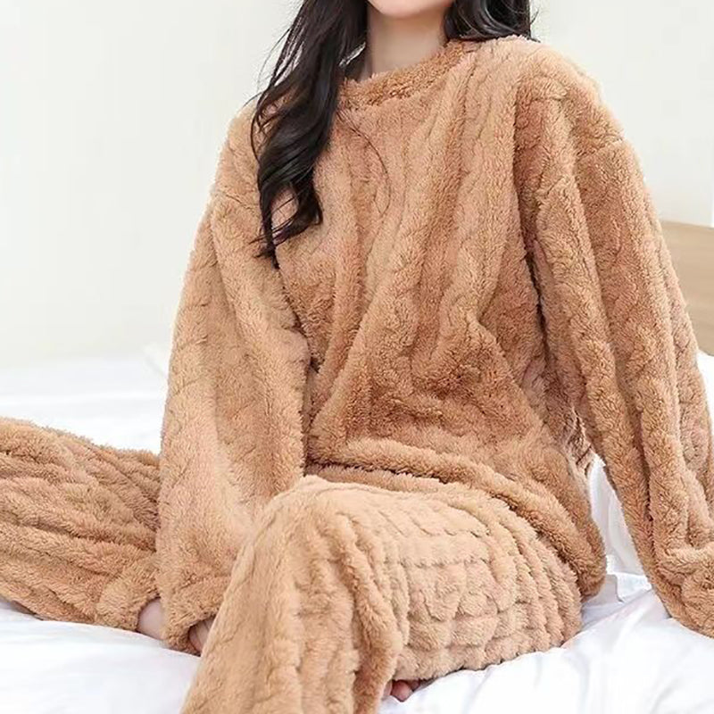 Autumn Women Solid Warm Sets Thicken Velvet Ribbed Fleece Pullover And Pants Casual Pajama Sets 2
