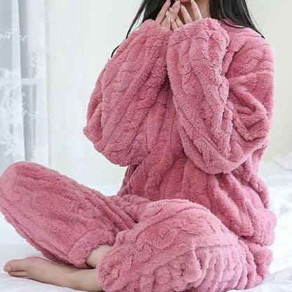 Autumn Women Solid Warm Sets Thicken Velvet Ribbed Fleece Pullover And Pants Casual Pajama Sets 4