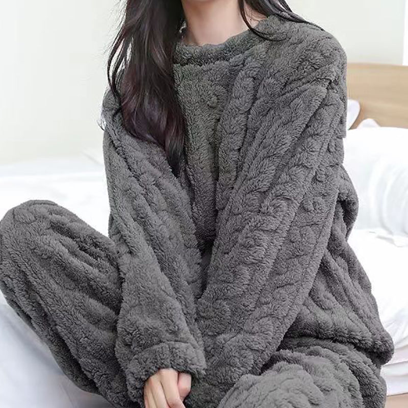 Autumn Women Solid Warm Sets Thicken Velvet Ribbed Fleece Pullover And Pants Casual Pajama Sets 5