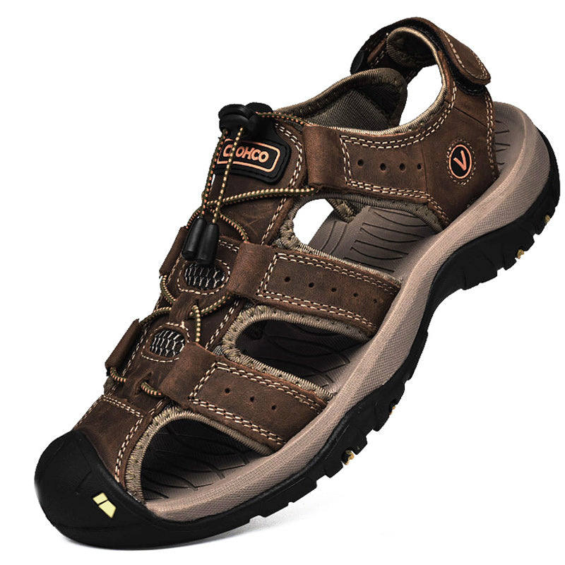 Mens Sandals Leather Casual Beach Shoes, Handmade Thick Bottom Rubber Slip-On Breathable Upgraded Version