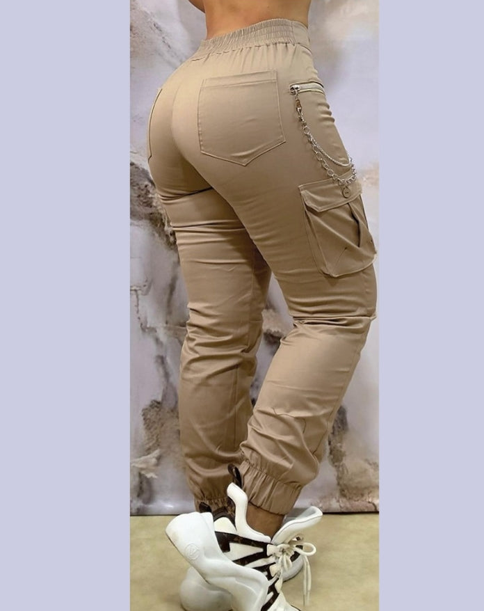 Women Casual Work Pants Autumn Winter Cuffed Cargo Pants With Chain Decor 1