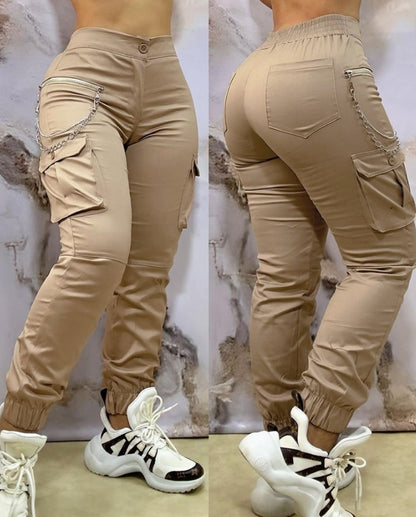 Women Casual Work Pants Autumn Winter Cuffed Cargo Pants With Chain Decor 3