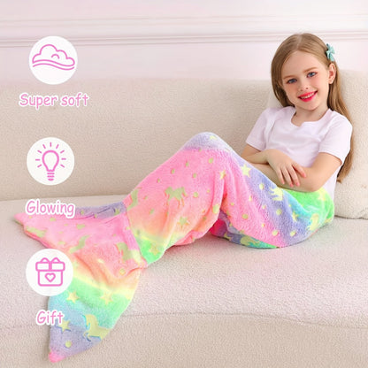 Super Soft Glow In The Dark Flannel Mermaid Tail Blanket Cartoon Rainbow Unicorn Design Perfect Gif 1