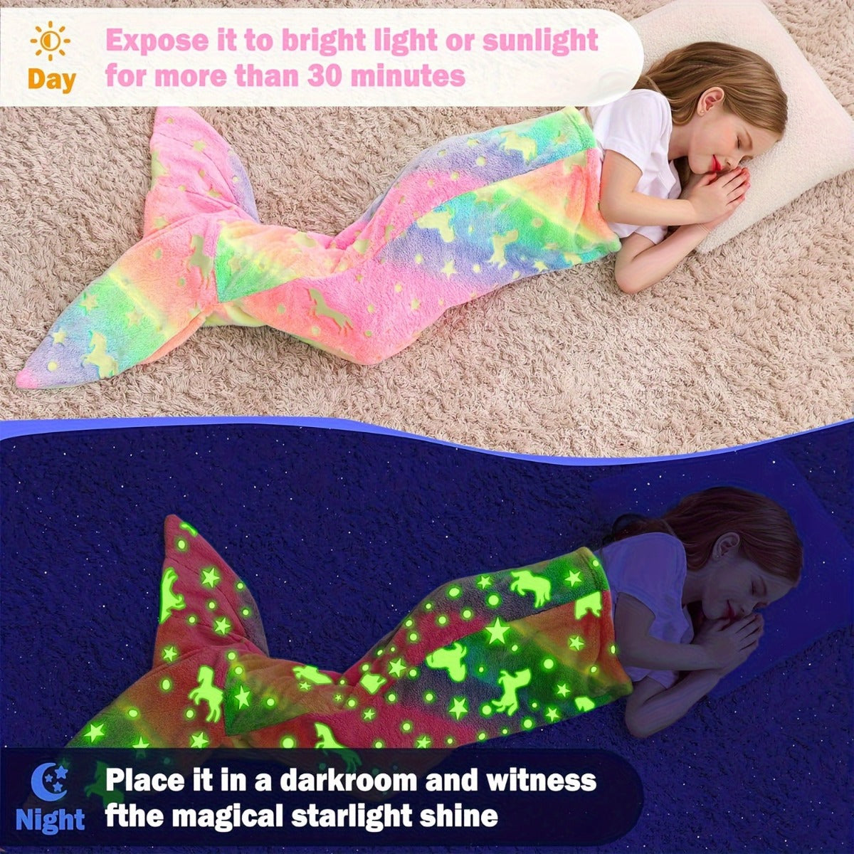 Super Soft Glow In The Dark Flannel Mermaid Tail Blanket Cartoon Rainbow Unicorn Design Perfect Gif 2