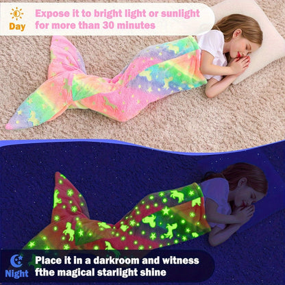 Super Soft Glow In The Dark Flannel Mermaid Tail Blanket Cartoon Rainbow Unicorn Design Perfect Gif 2