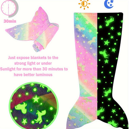 Super Soft Glow In The Dark Flannel Mermaid Tail Blanket Cartoon Rainbow Unicorn Design Perfect Gif 3