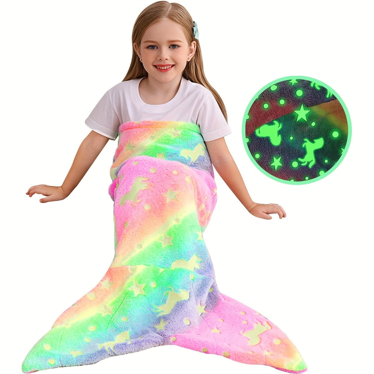 Super Soft Glow In The Dark Flannel Mermaid Tail Blanket Cartoon Rainbow Unicorn Design Perfect Gif 4