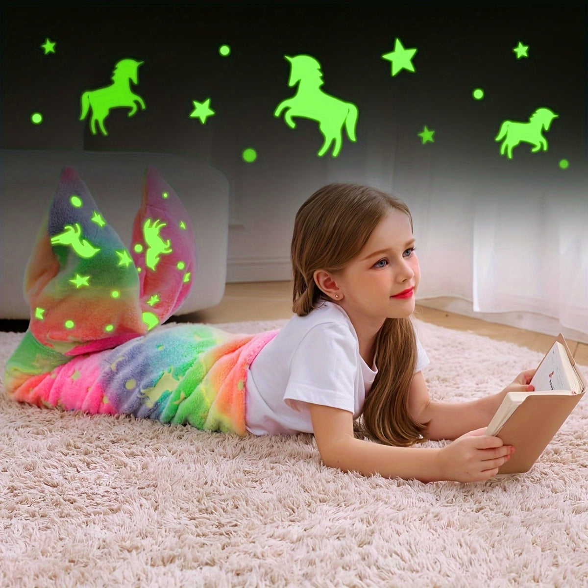 Super Soft Glow in The Dark Flannel Mermaid Tail Blanket, Cartoon Rainbow Unicorn Design, Perfect Gifts for Girls