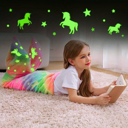 Super Soft Glow in The Dark Flannel Mermaid Tail Blanket, Cartoon Rainbow Unicorn Design, Perfect Gifts for Girls