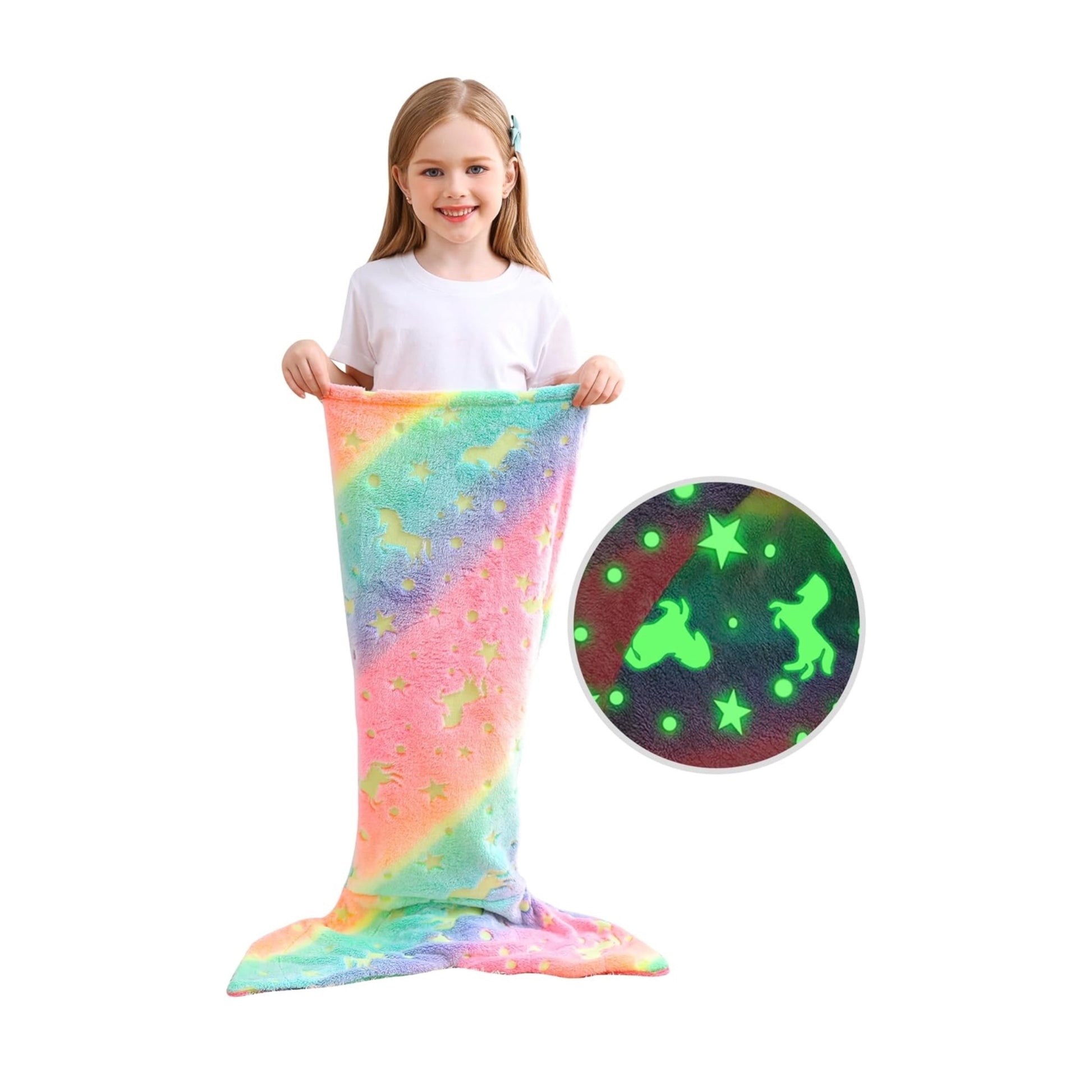 Super Soft Glow In The Dark Flannel Mermaid Tail Blanket Cartoon Rainbow Unicorn Design Perfect Gif 7