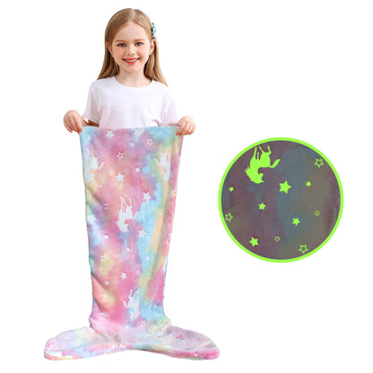 Super Soft Glow In The Dark Flannel Mermaid Tail Blanket Cartoon Rainbow Unicorn Design Perfect Gif 9