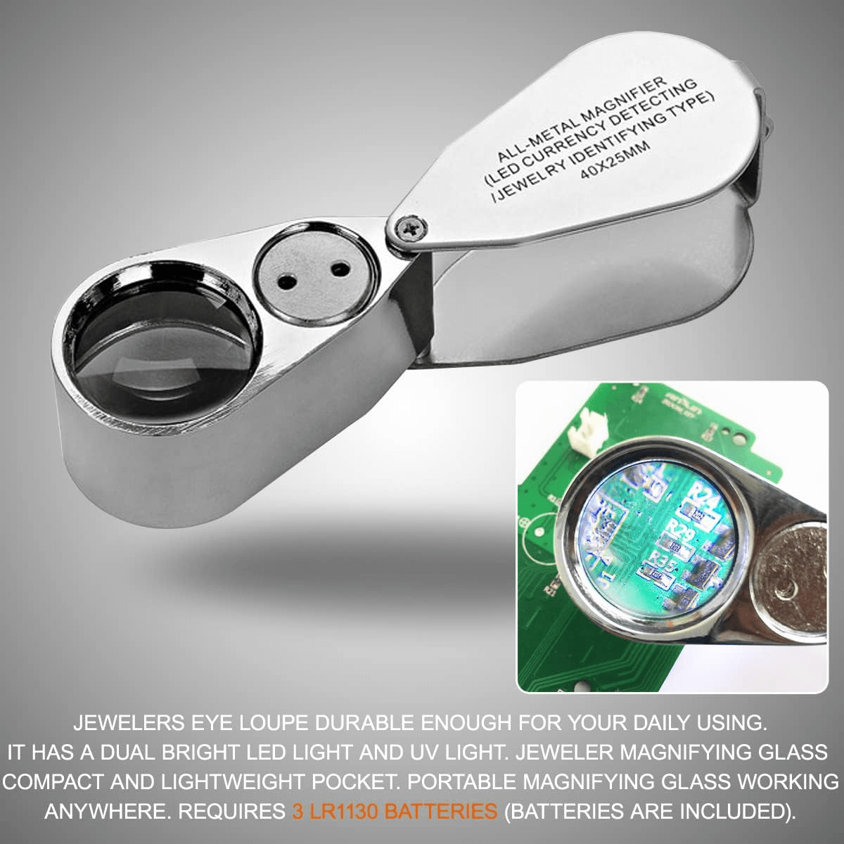 40X Jewelers Loupe Magnifier With LED And UV Light  Metal Folding Magnifying Glass For Coins Jewelr 8
