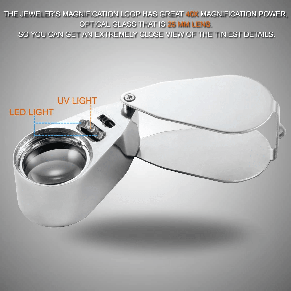 40X Jewelers Loupe Magnifier With LED And UV Light  Metal Folding Magnifying Glass For Coins Jewelr 5