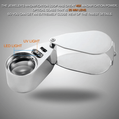 40X Jewelers Loupe Magnifier With LED And UV Light  Metal Folding Magnifying Glass For Coins Jewelr 5