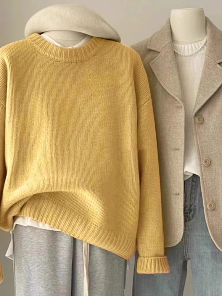 Soft Waxy Round Neck Cashmere Sweater Womens Loose Autumn Winter Short Base Sweater 2