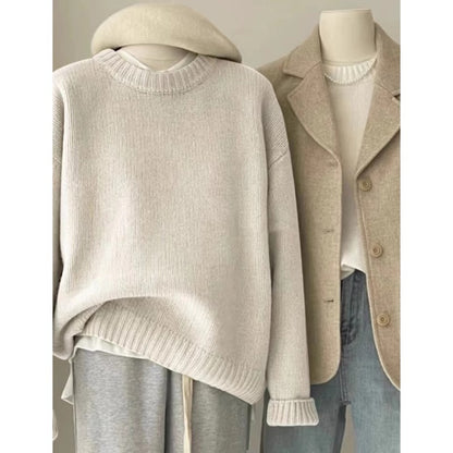 Soft Waxy Round Neck Cashmere Sweater Womens Loose Autumn Winter Short Base Sweater 1