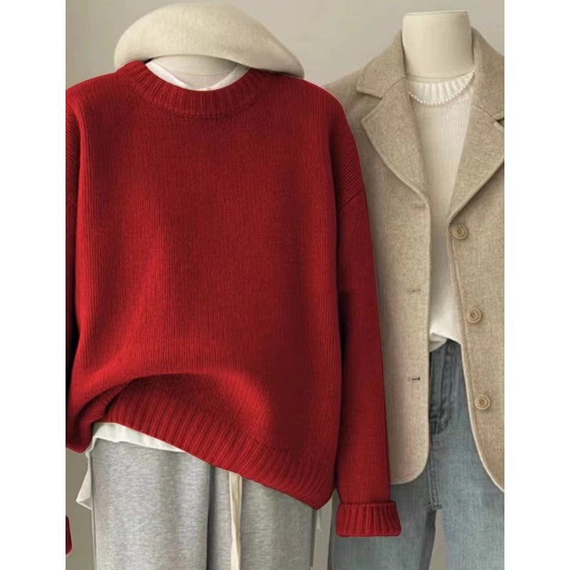 Soft Waxy Round Neck Cashmere Sweater Womens Loose Autumn Winter Short Base Sweater 4