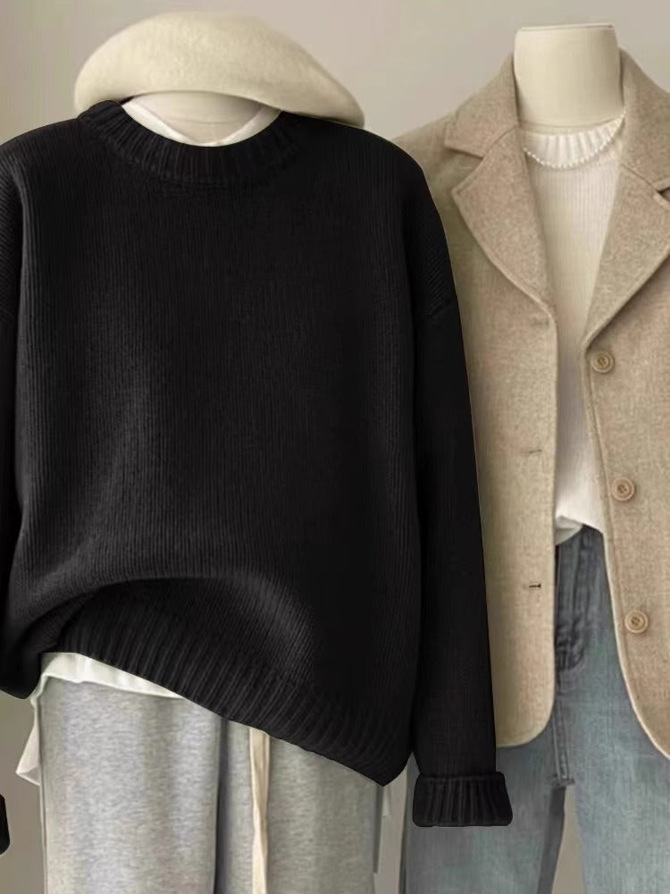 Soft Waxy Round Neck Cashmere Sweater Womens Loose Autumn Winter Short Base Sweater 5