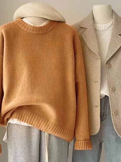 Soft Waxy Round Neck Cashmere Sweater Womens Loose Autumn Winter Short Base Sweater 6