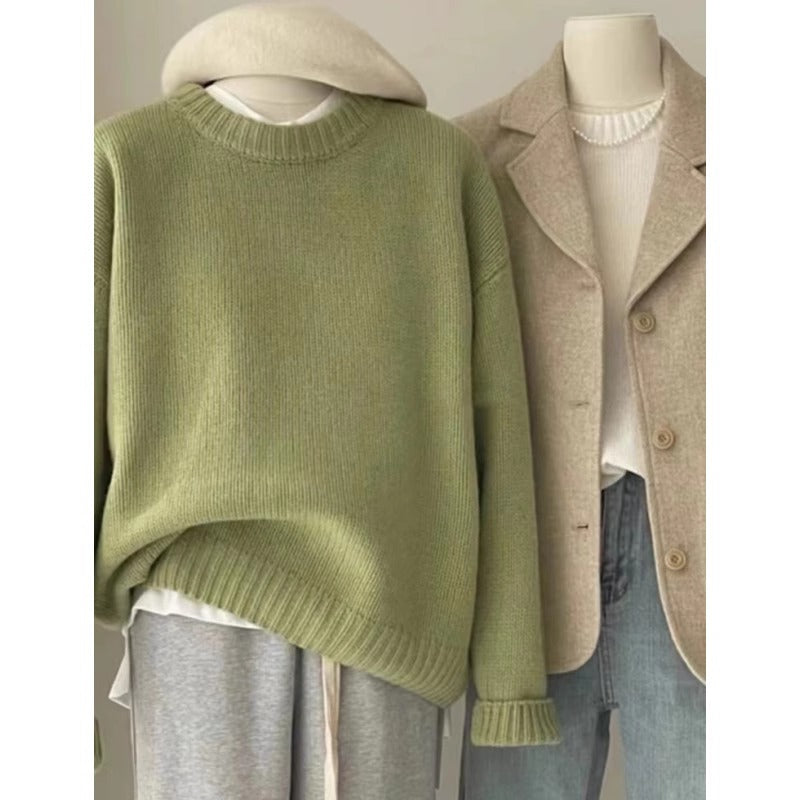 Soft Waxy Round Neck Cashmere Sweater Womens Loose Autumn Winter Short Base Sweater 7