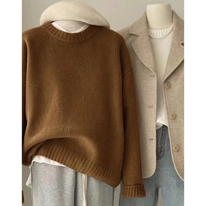 Soft Waxy Round Neck Cashmere Sweater Womens Loose Autumn Winter Short Base Sweater 8