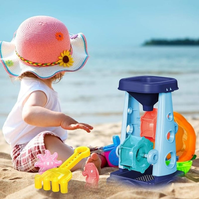 Outdoor Sandbox Beach Toy Set, Kids Sand Wheel, Bucket, Rake, Shovel, Cute Sailboat, Hourglass Molds