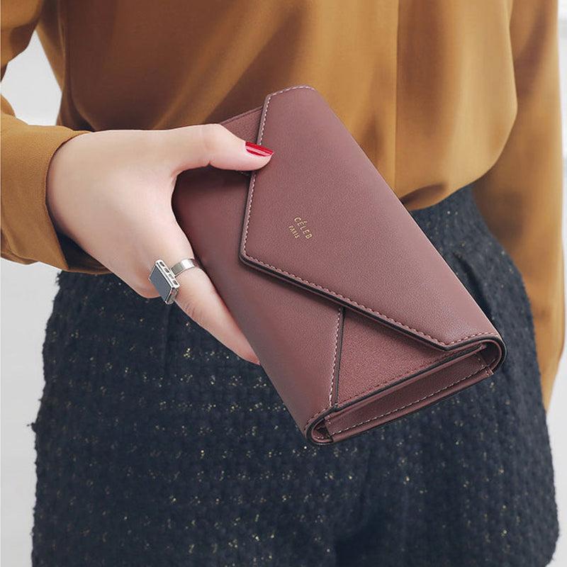 Designer Leather Long Wallet For Women By Aliwood 3 Fold Envelope Clutch With Money Clip And Phone  3