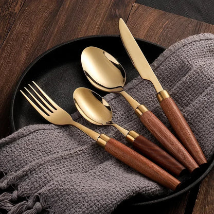 Dishwasher Safe Wooden Handle Cutlery Set, Sapele Wooden Western Flatware, Stainless Steel Knife Fork Spoon Suit